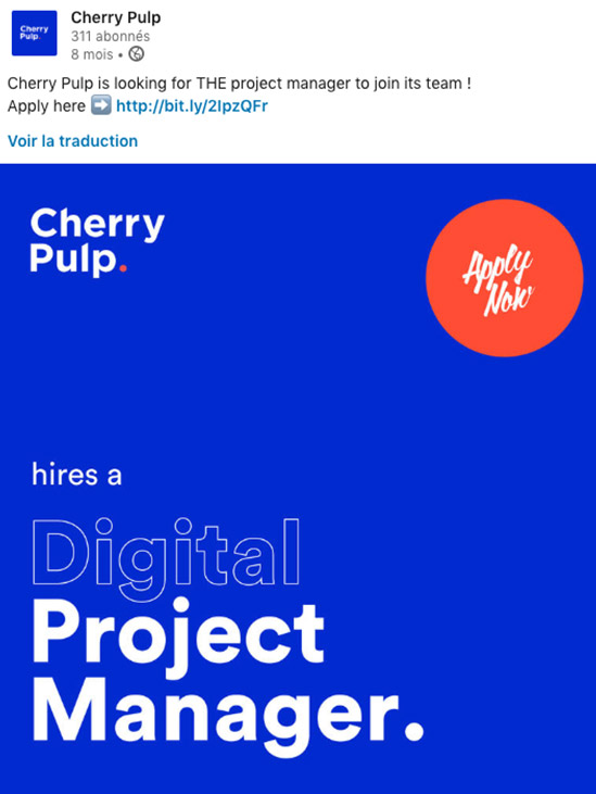 screenshot publication Facebook Cherry Pulp pour une offre d'emploi de project manager